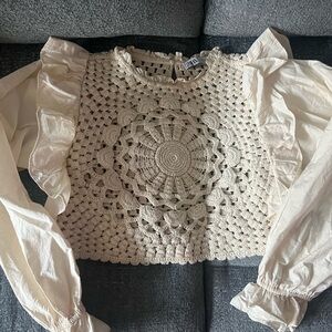 Elegant Cream Crochet Top with Ruffled Sleeves